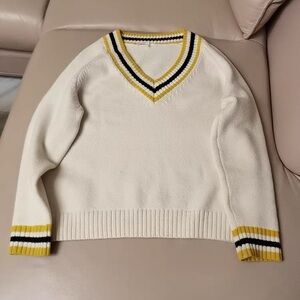 Maje Cream V-Neck Sweater with Yellow and Black Stripes
